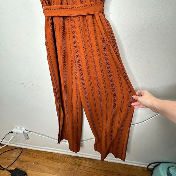 E & M Rust & Black Aztec Print V-Neck Spaghetti Strap Pockets Tie Waist Jumpsuit - Picture 8 of 16